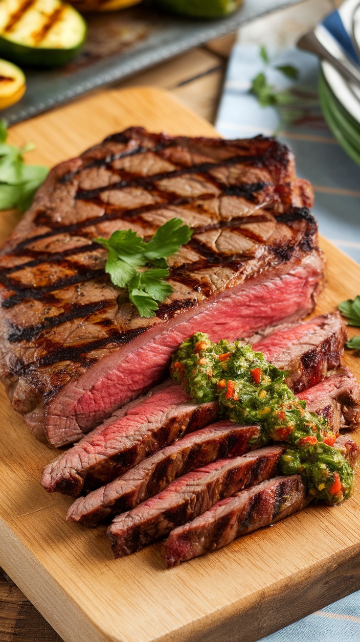 Grilled flank steak sliced and topped with chimichurri sauce on a wooden board with grilled vegetables.